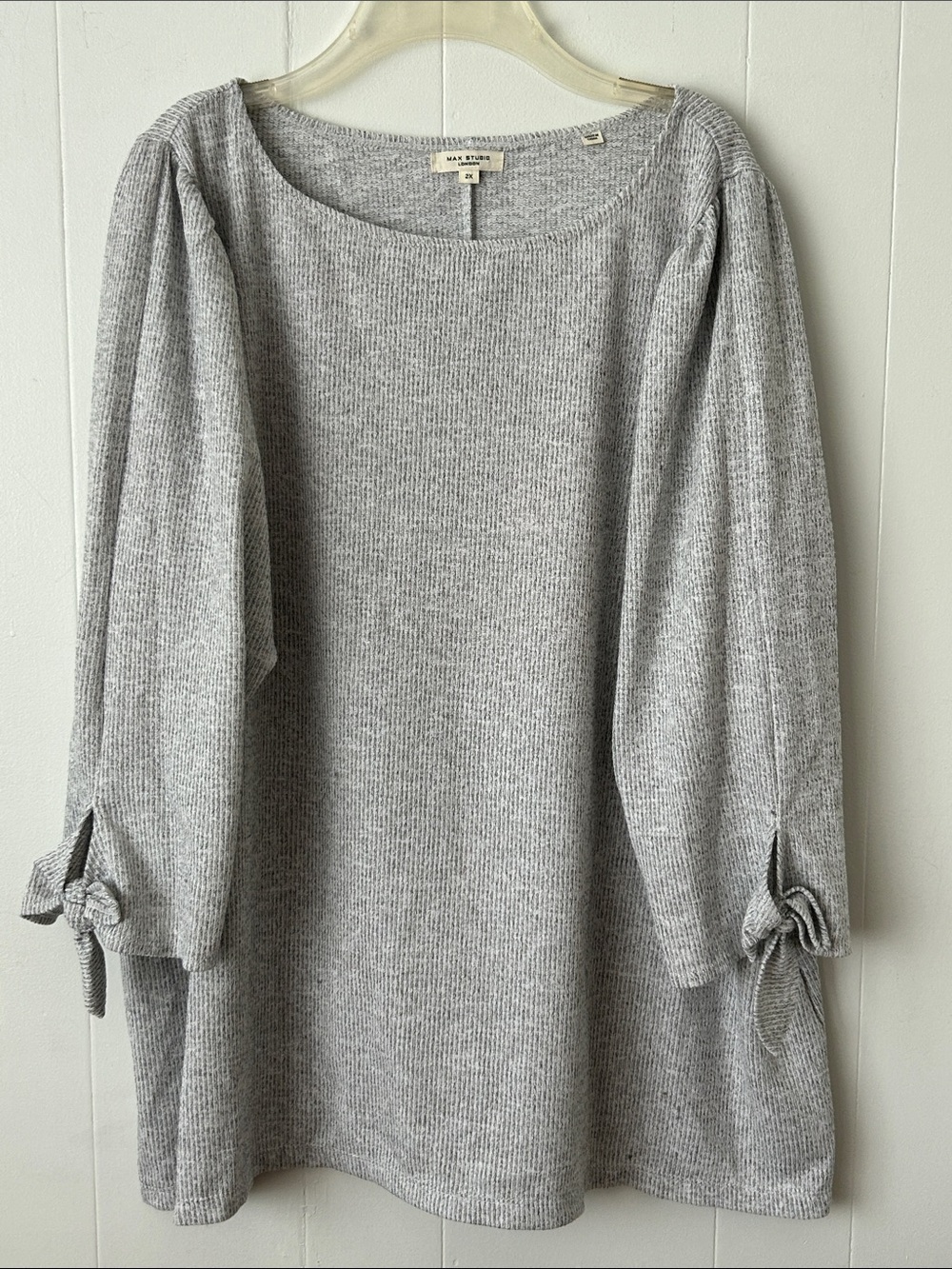 Max Studio Light Gray Ribbed Tie-Sleeve  Top 2X